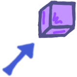 a purple cube with a blue arrow pointing diagonally up at it. 